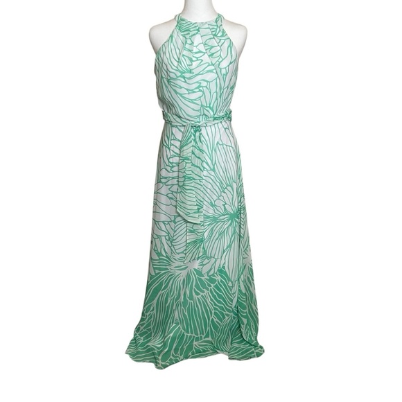 R&K Green White Floral Maxi Dress Size 4 Tropical Flowy Vacation Easter Party - Picture 1 of 14